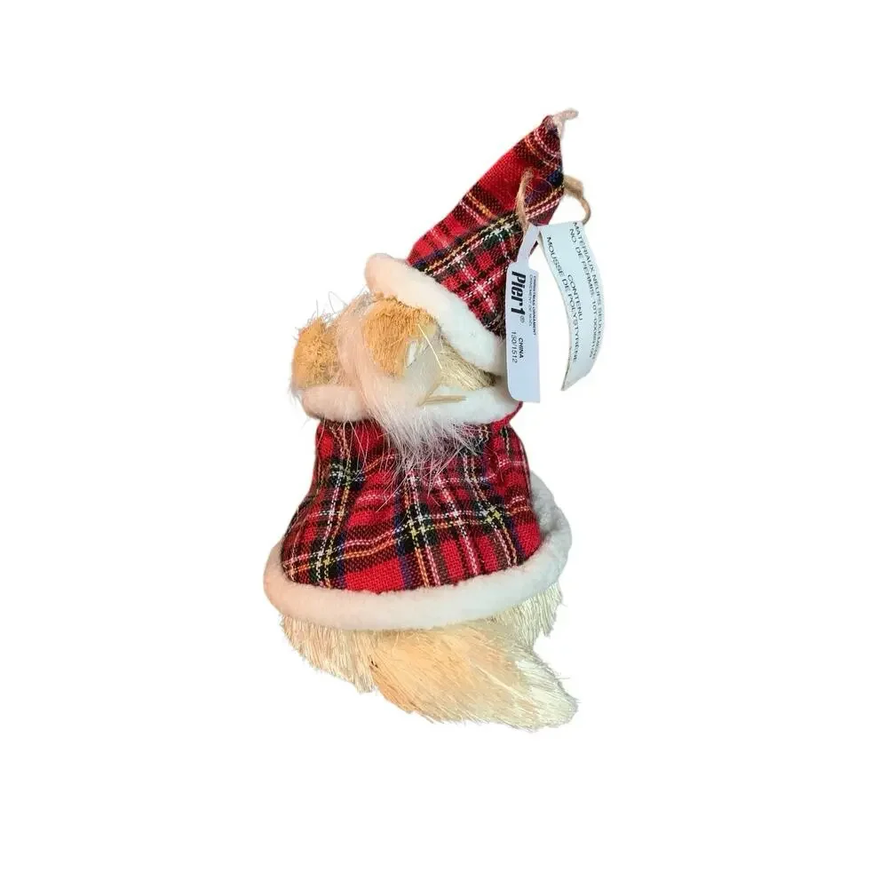 Pier 1 Imports Sisal Dog Christmas Tree Ornaments Set of 3 Santa Hat Plaid 5.5
